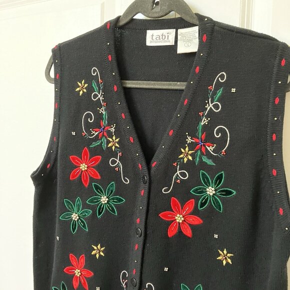 Vintage Tabi Sweater Vest Womens L Black Floral Beaded Christmas Holiday Granny - Picture 4 of 8